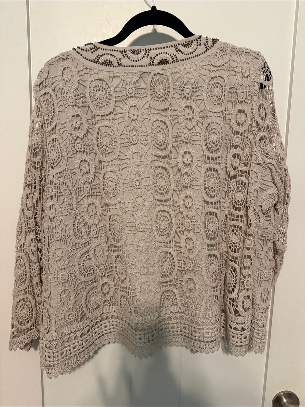 Peter Nygard Beige Crochet Knit Open-Front Beaded Cottagecore Bohemian Jacket - Picture 4 of 13